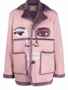 KIDSUPER Men’s Designer Pink Suede Coat with Abstract Face Appliqué Size M